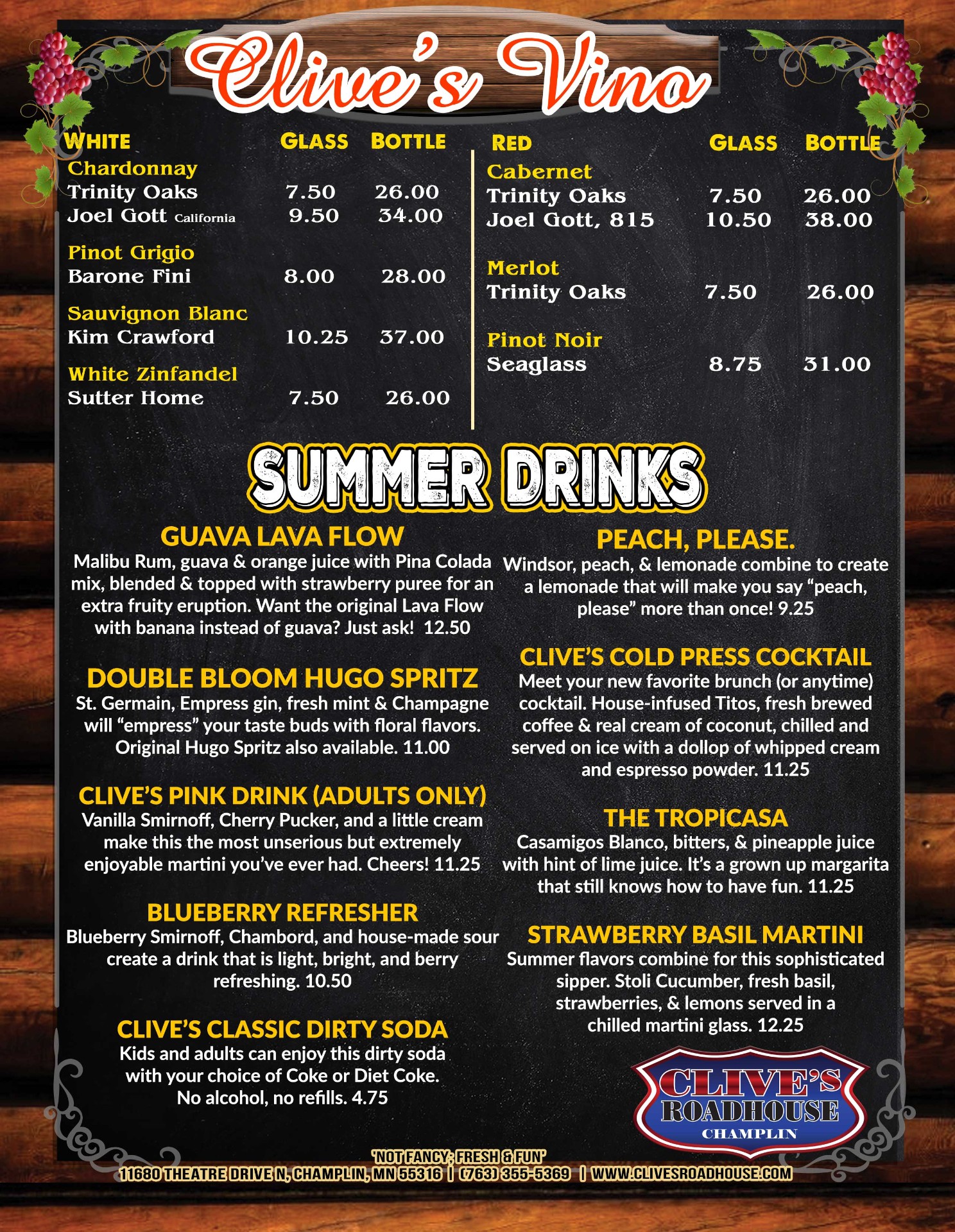 Champlin Clive's Vino & Summer Drinks Menu 2026